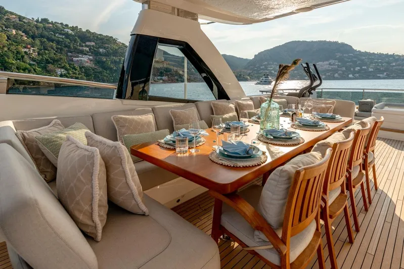 Riviera Living Yacht Photos Pics Luxurious dining setup on 2017 Princess 35M yacht with scenic ocean view.