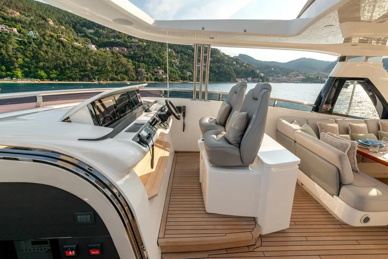 Riviera Living Yacht Photos Pics Luxurious 2017 Princess 35M yacht interior with helm, plush seating, and scenic ocean view.