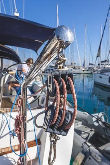  Yacht Photos Pics Close-up of Jeanneau Sun Odyssey 49 sailboat rigging in marina, 2006 model.