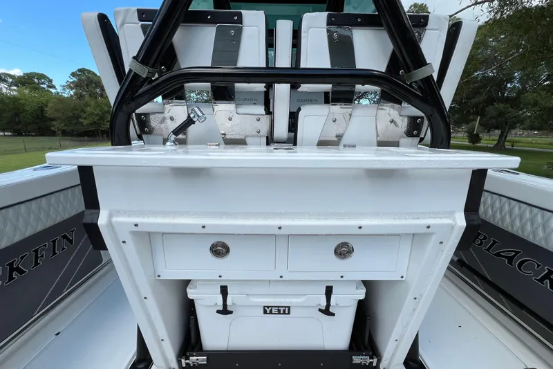 Yacht Photos Pics 2023 Blackfin 272 boat interior with Yeti cooler and Garmin equipment.