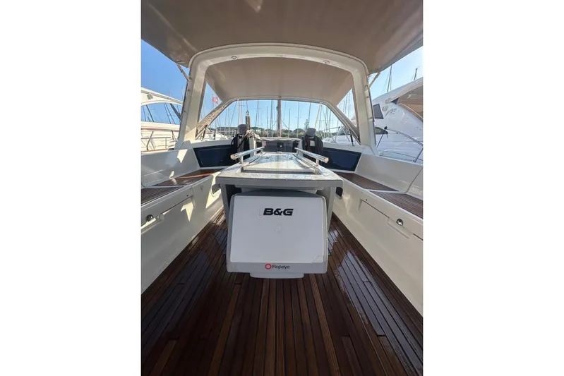 Margaret Yacht Photos Pics 2014 Beneteau Oceanis 48 yacht cockpit with wooden flooring and B&G equipment.