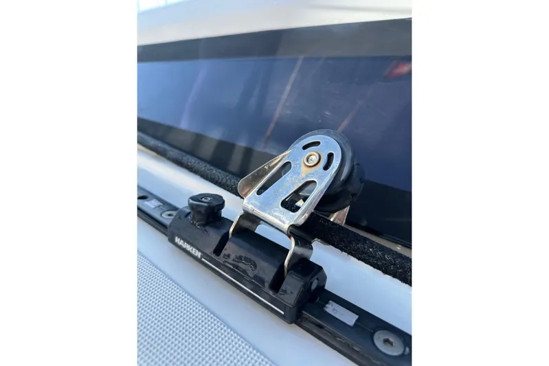 Margaret Yacht Photos Pics Close-up of a Harken pulley system on a 2014 Beneteau Oceanis 48 sailboat.