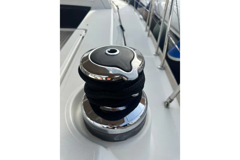 Margaret Yacht Photos Pics Close-up of a winch on a 2014 Beneteau Oceanis 48 sailboat deck.