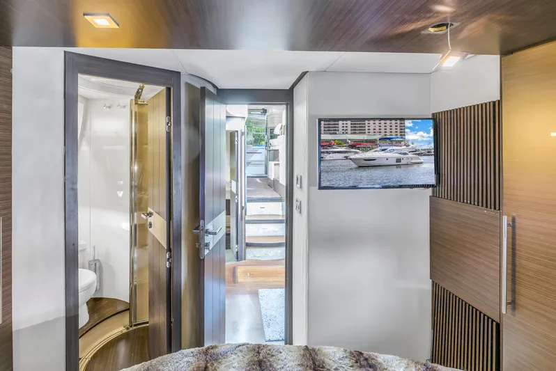 Liquidity Yacht Photos Pics Interior of 2012 Azimut 48 Flybridge yacht with modern design and bathroom.