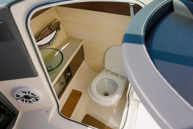  Yacht Photos Pics 2017 Regal 29 OBX boat bathroom with toilet, sink, and speaker.