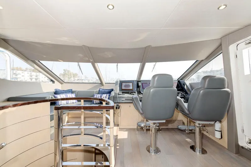 Mojo Risin' Yacht Photos Pics Luxurious interior of 2017 Sunseeker 75 Yacht with modern helm and seating.