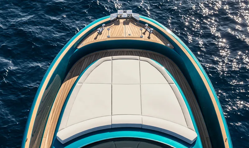  Yacht Photos Pics Top view of 2024 Solaris Power 48 OPEN yacht's bow with sunbathing area.