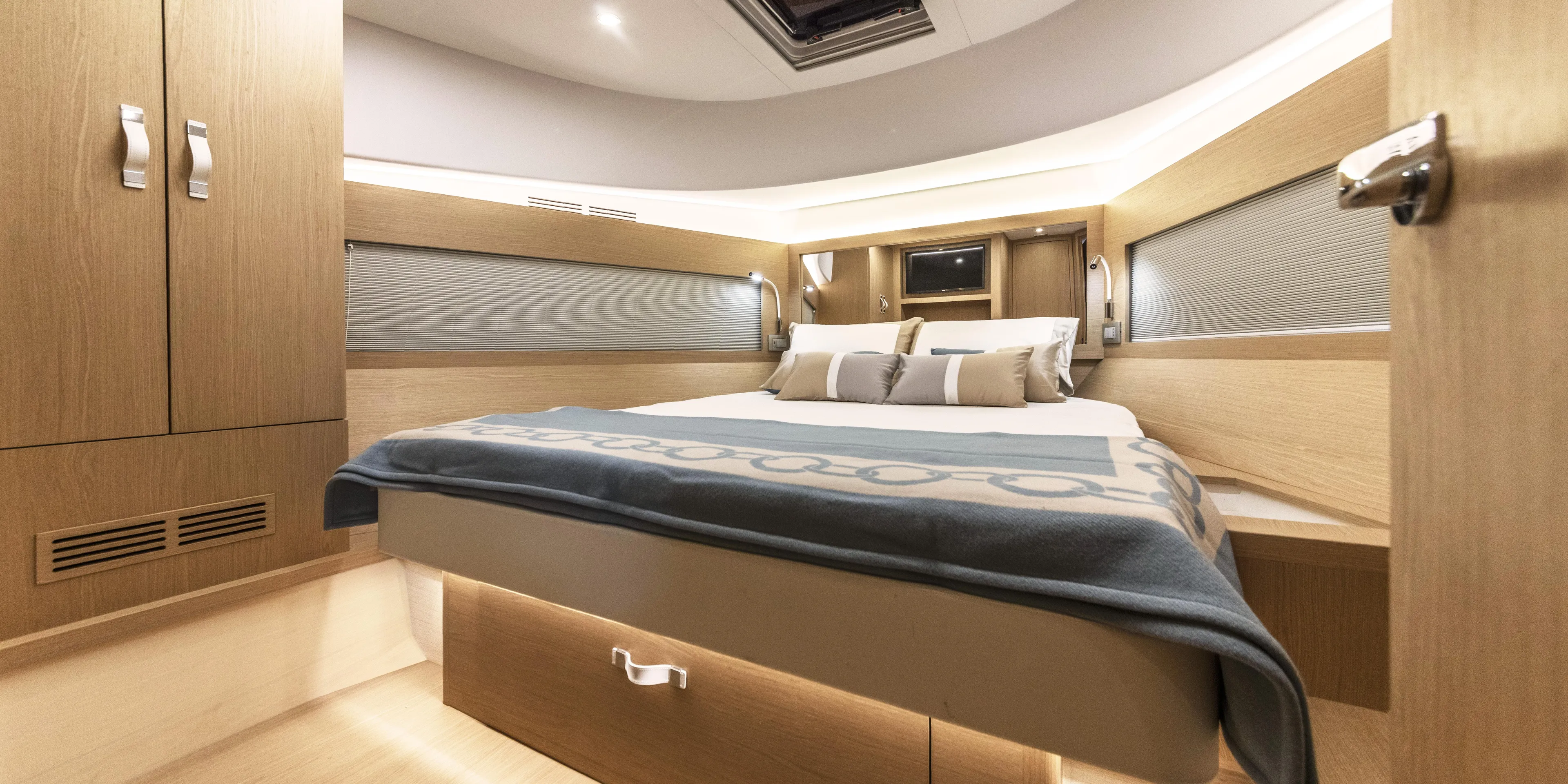  Yacht Photos Pics Luxurious cabin interior of 2024 Solaris Power 48 OPEN yacht with modern design.