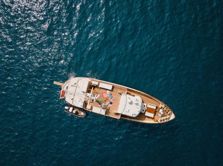 Yona Yacht Photos Pics Aerial view of 1981 Vripack Doggersbank 20 yacht on blue ocean water.