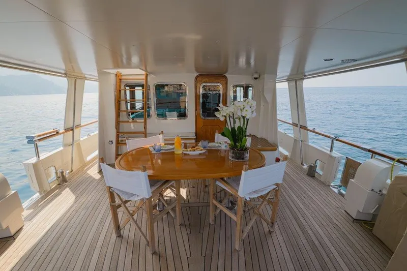 Yona Yacht Photos Pics Elegant 1981 Vripack Doggersbank 20 yacht deck with dining table, chairs, and ocean view.