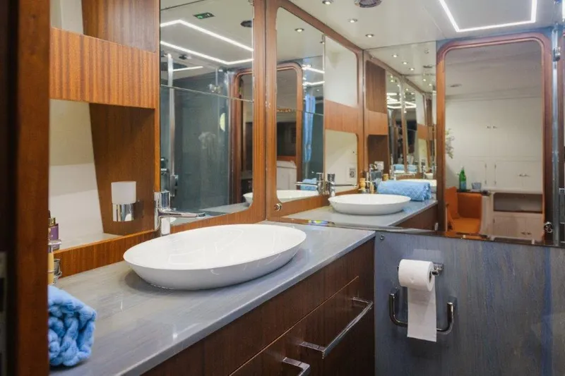 Yona Yacht Photos Pics Luxurious bathroom interior of 1981 Vripack Doggersbank 20 yacht with modern fixtures.