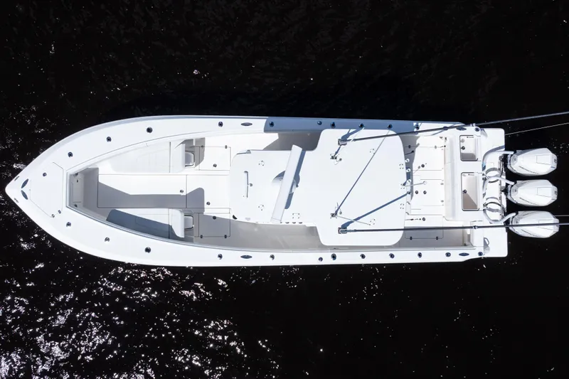  Yacht Photos Pics Overhead view of 2023 SeaVee 340Z boat on dark water.