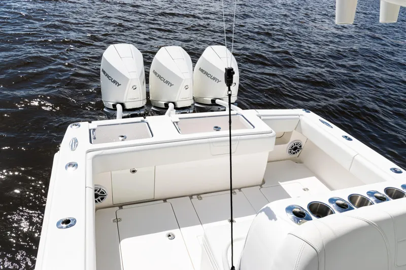  Yacht Photos Pics 2023 SeaVee 340Z boat with triple Mercury engines on open water.