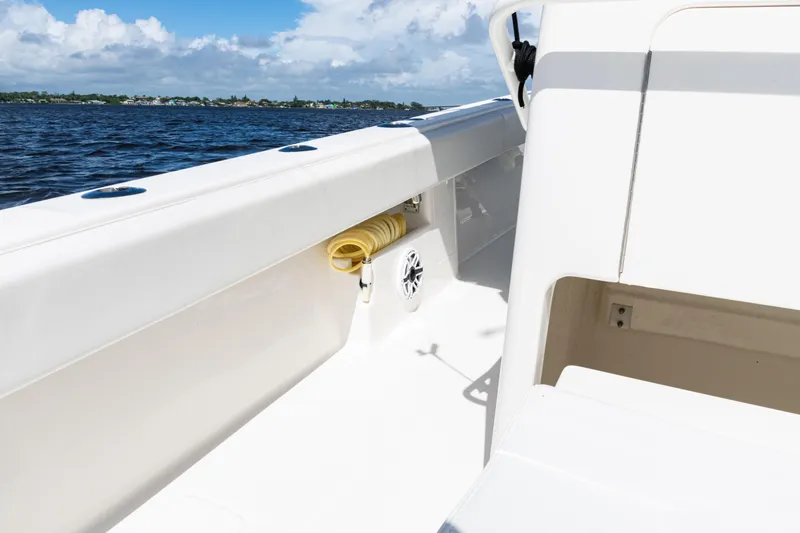  Yacht Photos Pics 2023 SeaVee 340Z boat interior with ocean view, featuring clean white design.