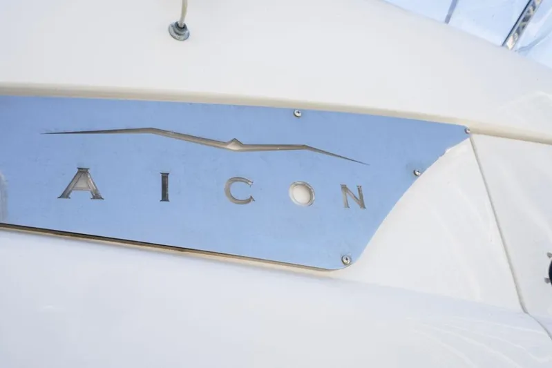 Voluptas Yacht Photos Pics 2006 Aicon 64 yacht logo on metallic plate.