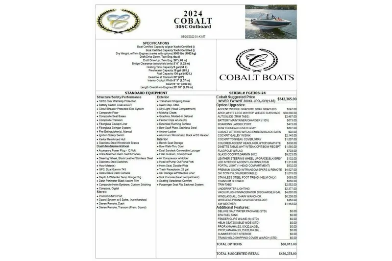  Yacht Photos Pics 2024 Cobalt 30SC Outboard specifications and options list with pricing details.