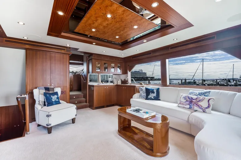 Whitefish Yacht Photos Pics Luxurious interior of 2013 Ocean Alexander 72 Pilothouse yacht with elegant wood finishes.