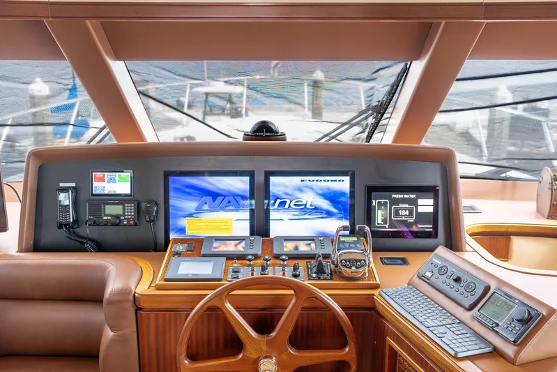 Whitefish Yacht Photos Pics Pilothouse of 2013 Ocean Alexander 72, featuring advanced navigation and control systems.
