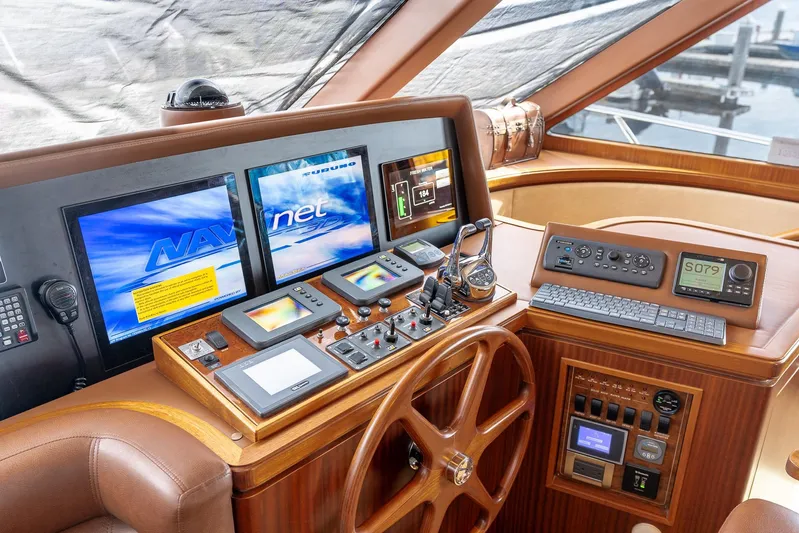 Whitefish Yacht Photos Pics Pilothouse of 2013 Ocean Alexander 72, featuring advanced navigation and control systems.