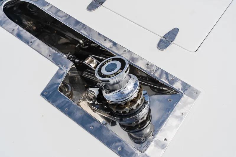 Whitefish Yacht Photos Pics Close-up of 2013 Ocean Alexander 72 Pilothouse yacht's polished anchor winch system.
