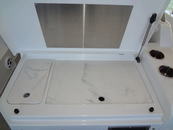  Yacht Photos Pics 2021 Cruisers Yachts 39 Express Coupe, sleek countertop with stainless steel accents.