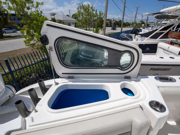  Yacht Photos Pics Open storage compartment on 2020 Solace 34 boat, featuring Yamaha equipment.