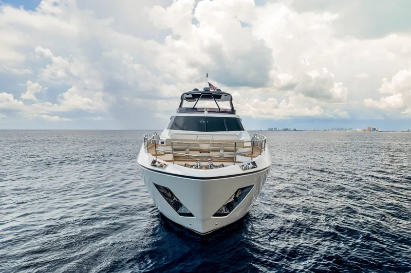 Our Trade Yacht Photos Pics Luxurious 2021 Ferretti Yachts 920 on open sea under cloudy sky.