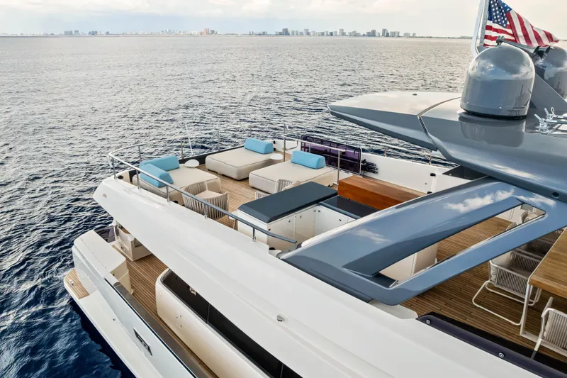 Our Trade Yacht Photos Pics Luxurious 2021 Ferretti Yachts 920 on open sea, featuring spacious deck and modern design.