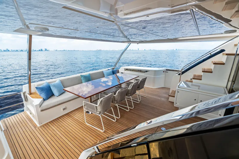 Our Trade Yacht Photos Pics Luxurious 2021 Ferretti Yachts 920 deck with elegant seating and ocean view.