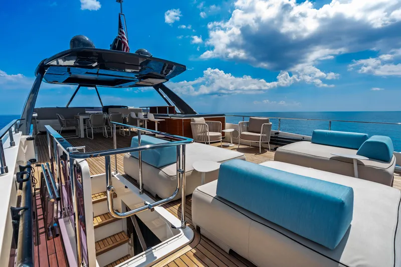 Our Trade Yacht Photos Pics Luxurious 2021 Ferretti Yachts 920 deck with elegant seating and ocean view.