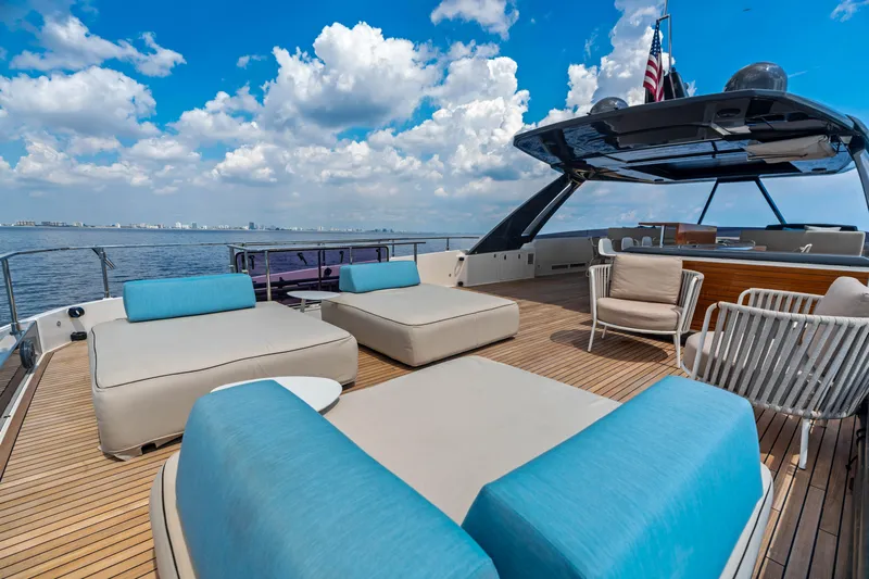 Our Trade Yacht Photos Pics Luxurious 2021 Ferretti Yachts 920 deck with modern seating and ocean view.