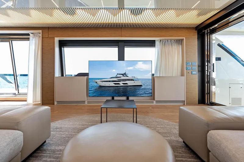 Our Trade Yacht Photos Pics Luxurious interior of 2021 Ferretti Yachts 920 with ocean view and modern decor.