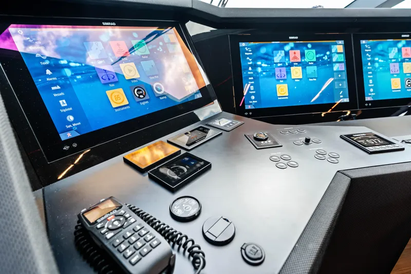 Our Trade Yacht Photos Pics Control panel of 2021 Ferretti Yachts 920 with advanced navigation displays and controls.