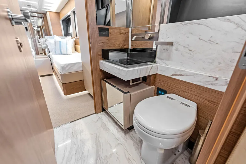 Our Trade Yacht Photos Pics Luxurious bathroom in 2021 Ferretti Yachts 920, featuring modern fixtures and elegant design.
