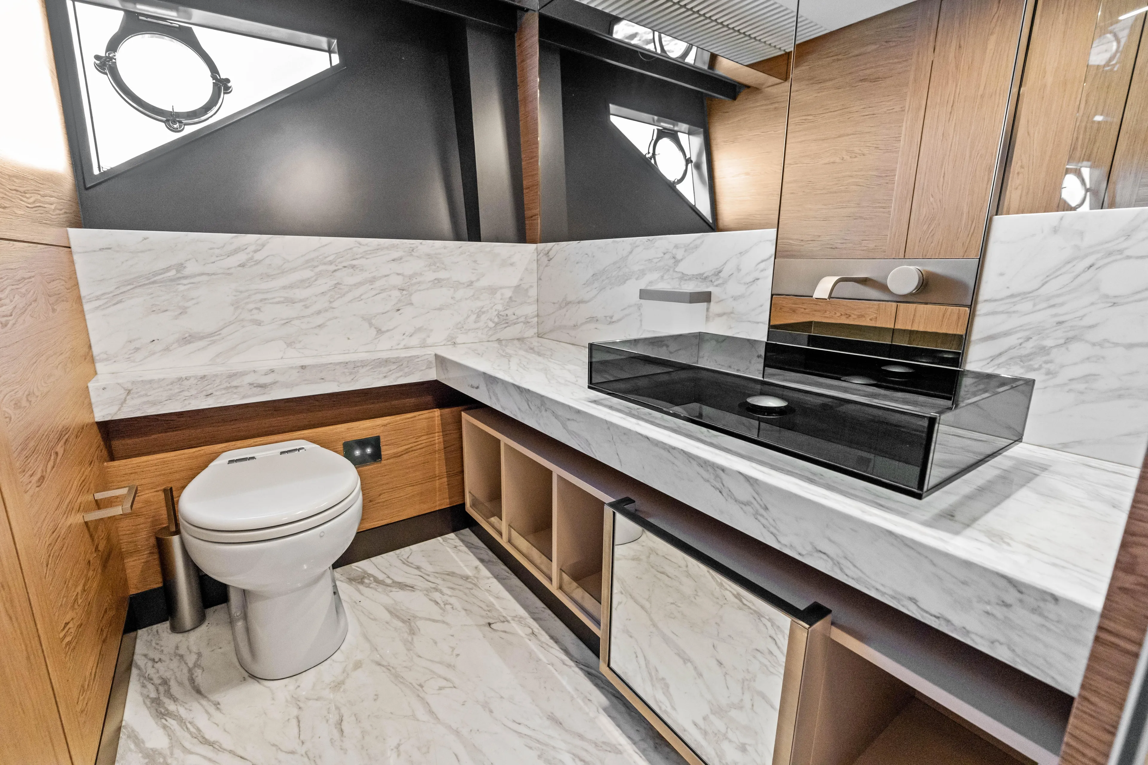 Our Trade Yacht Photos Pics Luxurious bathroom in 2021 Ferretti Yachts 920, featuring marble surfaces and modern fixtures.