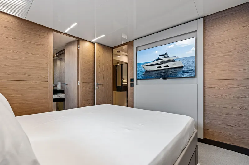 Our Trade Yacht Photos Pics Luxurious Ferretti Yachts 920 interior bedroom with modern design, 2021 model.