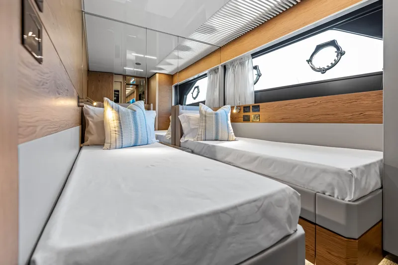 Our Trade Yacht Photos Pics Luxurious twin cabin interior of 2021 Ferretti Yachts 920 with modern design elements.