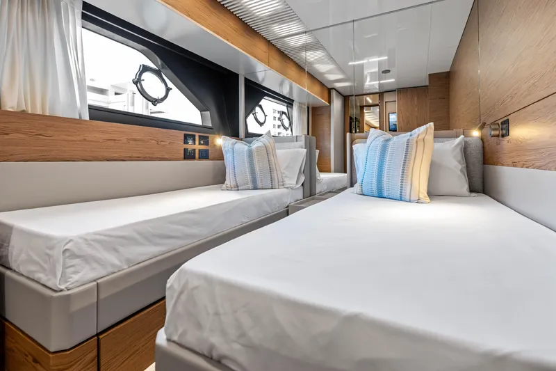 Our Trade Yacht Photos Pics Luxurious twin cabin interior of 2021 Ferretti Yachts 920 with modern design.