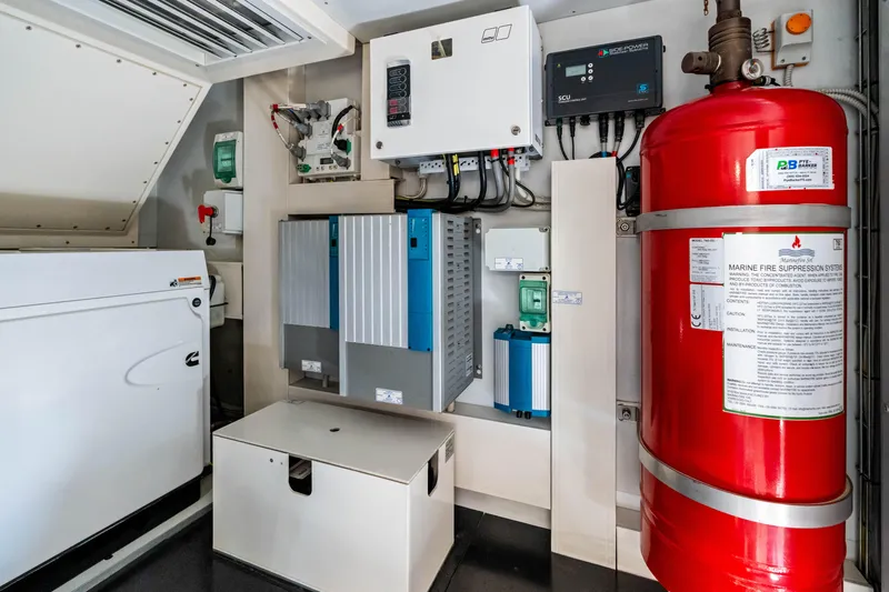 Our Trade Yacht Photos Pics Engine room of 2021 Ferretti Yachts 920 with fire suppression system and electrical components.