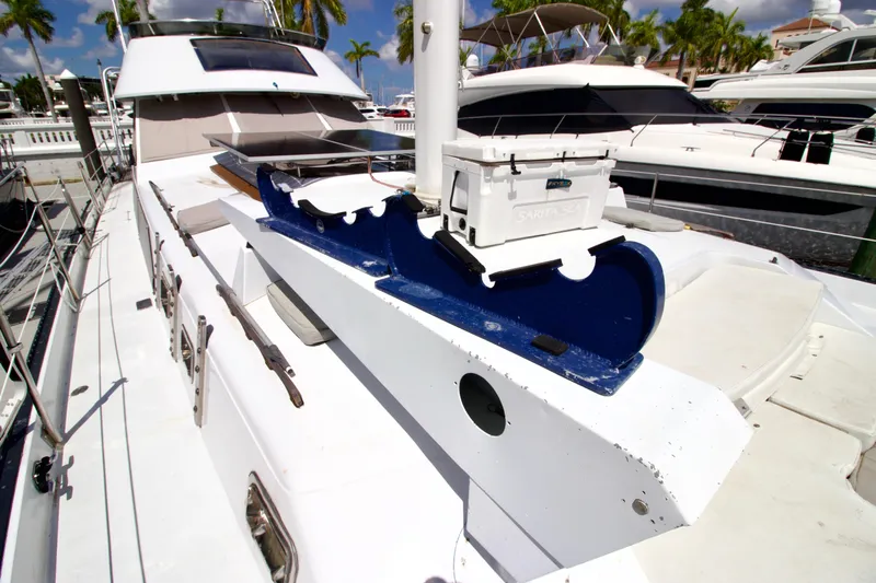 Sarita Sea Yacht Photos Pics 1983 Lancer Yachts Motorsailer docked, showcasing deck and rigging details.