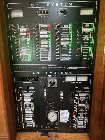 Sarita Sea Yacht Photos Pics Electrical panel of 1983 Lancer Yachts Motorsailer, showing DC and AC systems.