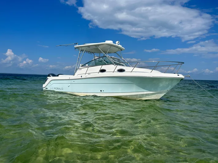  Yacht Photos Pics 2015 Robalo R305 Walkaround boat anchored in clear, shallow water under a blue sky.