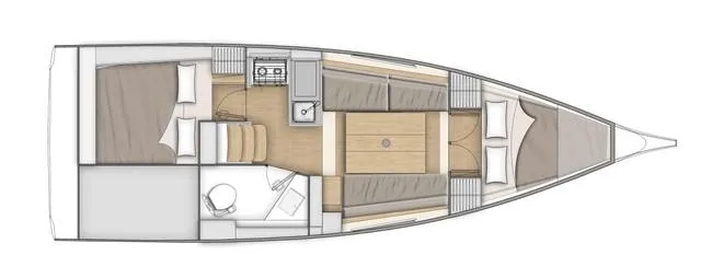 Sea Saw Yacht Photos Pics Floor plan of 2023 Beneteau Oceanis 30.1 sailboat, featuring cabins, kitchen, and bathroom layout.