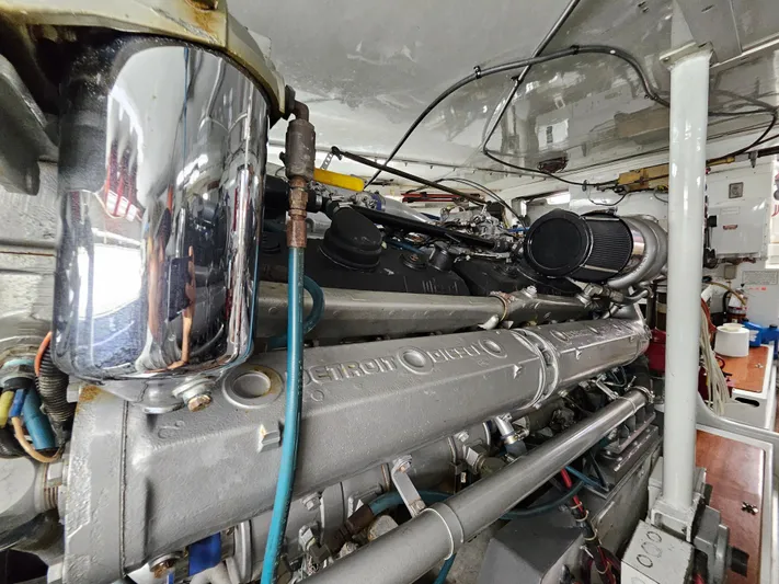  Yacht Photos Pics Engine room of a 1991 Donzi 65 Sportfisherman boat showing Detroit Diesel engine.