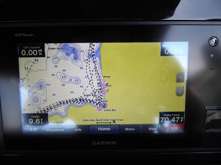  Yacht Photos Pics Garmin GPS display on 2017 Cobalt R30, showing nautical map and water temperature.