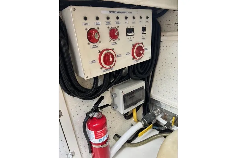  Yacht Photos Pics Battery management panel with fire extinguisher on 2006 Norseman 480S boat.