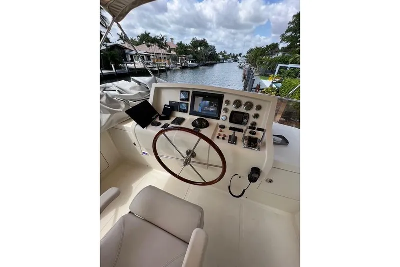  Yacht Photos Pics Helm of 2006 Norseman 480S yacht with steering wheel and navigation instruments.