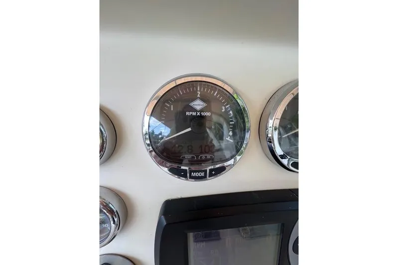  Yacht Photos Pics Close-up of Norseman 480S 2006 RPM gauge on a boat dashboard.