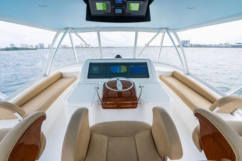 Harbor Time Yacht Photos Pics 2013 Viking 66 Open yacht helm with modern navigation system and panoramic ocean view.