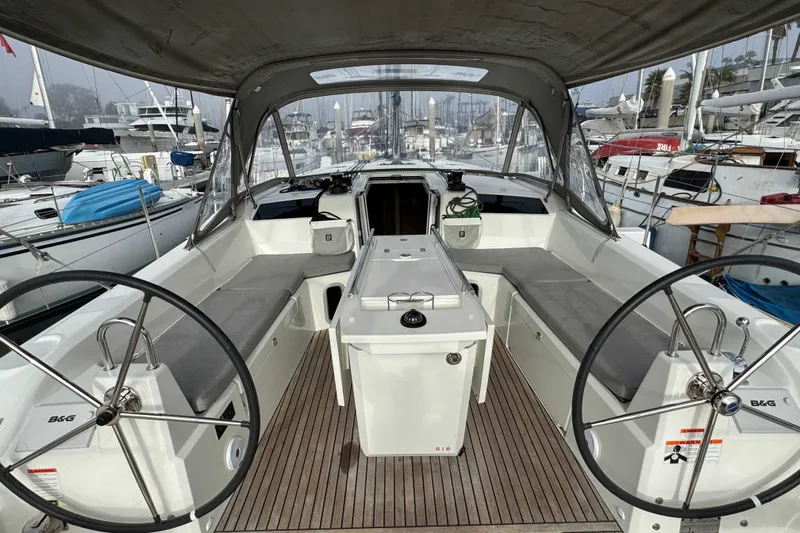 Madras Yacht Photos Pics Cockpit of 2022 Beneteau Oceanis 40.1 sailboat with dual steering wheels and seating.